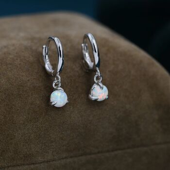 Sterling Silver White Opal Dot Huggie Hoop Earrings, 4 of 9