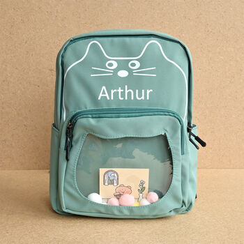Personalised Kids Cat Green Backpack, 2 of 5