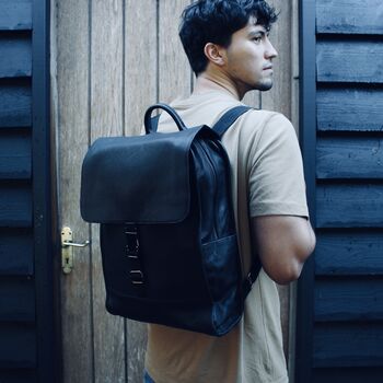 Black Leather Laptop Backpack Bag With Gunmetal Zip, 10 of 10