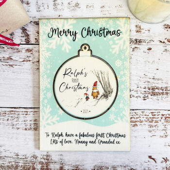 Personalised Pooh Bear Blue First Keepsake Christmas Card, 4 of 6
