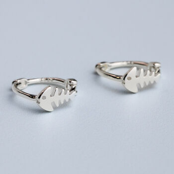 Sterling Silver Fishbone Huggie Hoop Earrings, 2 of 5