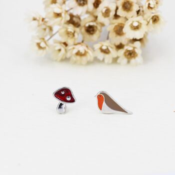 Mismatched Robin Bird And Mushroom Stud Earrings In Sterling Silver, 4 of 12