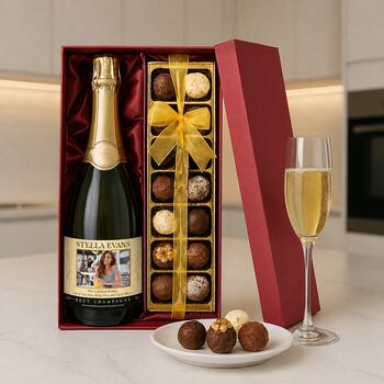 Personalised Champagne And Truffles Gift Set Include Any Photo, Name And Message. Presented In A Silk Lined Gift Box, 3 of 8