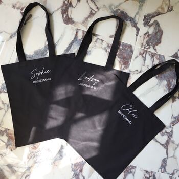 Personalised Black Bridesmaid Tote Bag With Script Font, 2 of 4