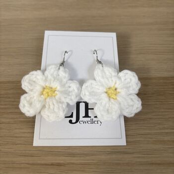 Handmade Crochet White Daisy Earrings: Surgical Steel, 4 of 12