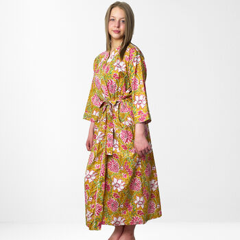 Yellow Floral Print Cotton Dressing Gown Kimono, 5 of 7