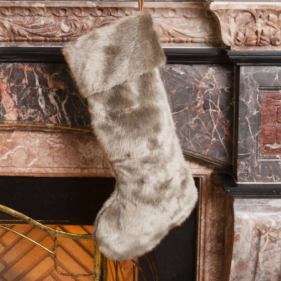 personalised luxe champagne grey faux fur stocking by dibor