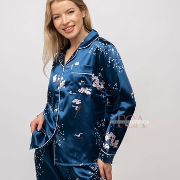 Blue Printed Soft Satin Long Sleeve Luxury Pyjama Set, 8 of 9