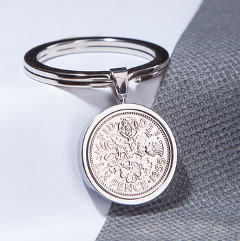 1956 70th Birthday Sixpence Coin Keyring Gift, 2 of 6