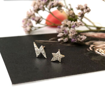 Well Done Exam Graduation Sterling Silver Lightening Bolt And Star Mismatched Earrings, 2 of 10