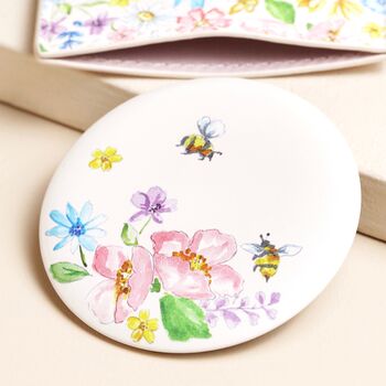 Pink Floral Bee Round Compact Mirror In Pouch, 4 of 4