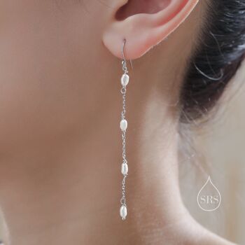 Sterling Silver Oval Freshwater Pearl Long Drop Hook Earrings, 7 of 11