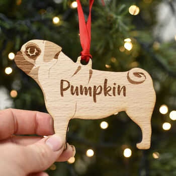 Personalised Pug Dog Wooden Tree Decoration, 2 of 6