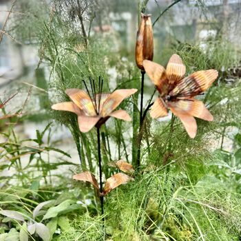 Set Of Two Copper Lily Flower Garden Stakes – Outdoor Garden Art, 4 of 6