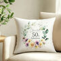 '50 And Fabulous' Personalised Birthday Cushion With Birth Flowers, thumbnail 1 of 7