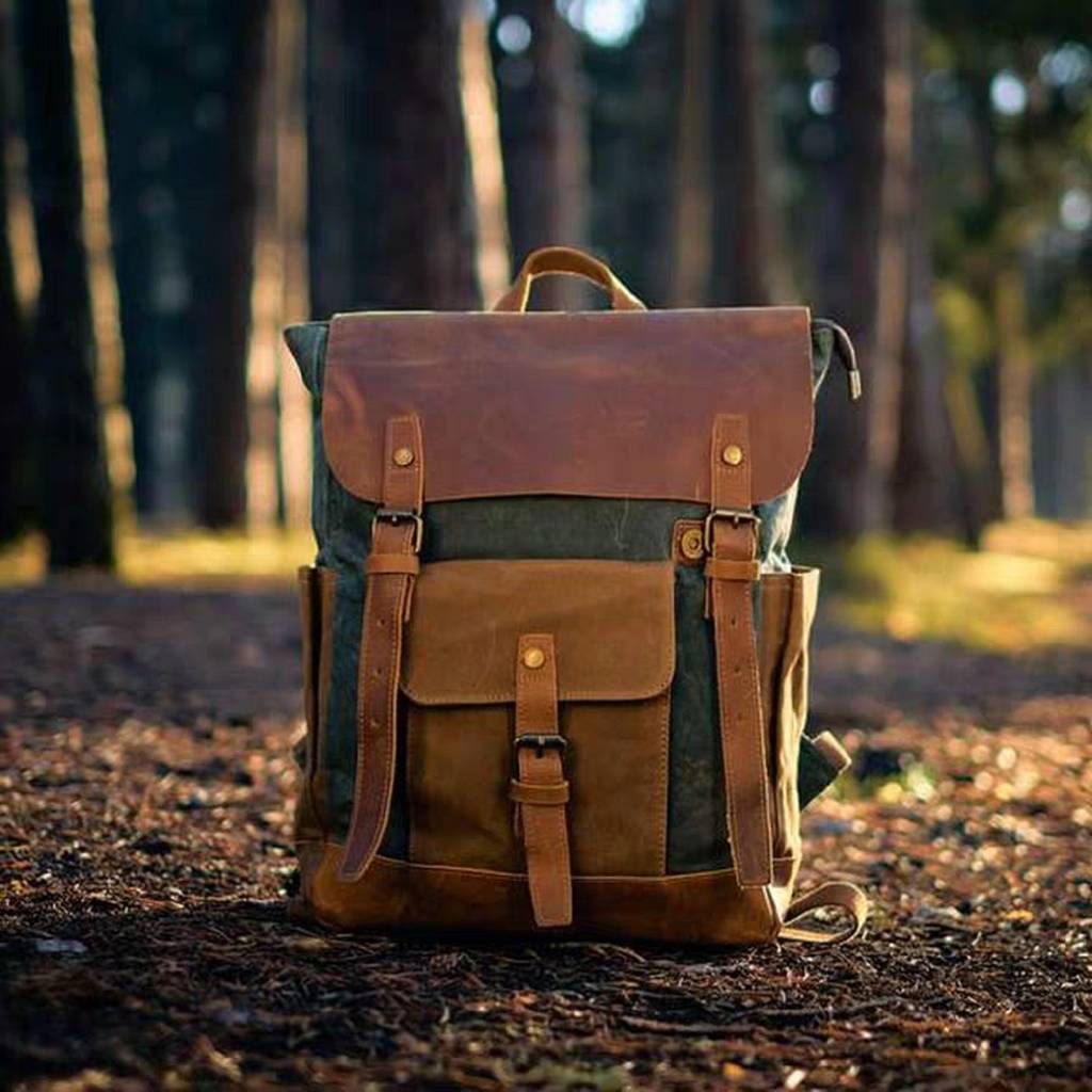 large waxed canvas backpack with leather front pocket by eazo | 0