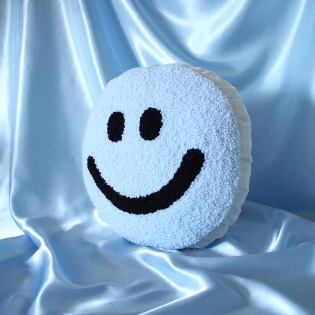 Sky Blue Smiley Punch Needle Cushion, 1 of 4