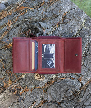 Women's Luxury Bordeaux Leather Small Trifold Purse Rfid Protected Personsalised, 6 of 7