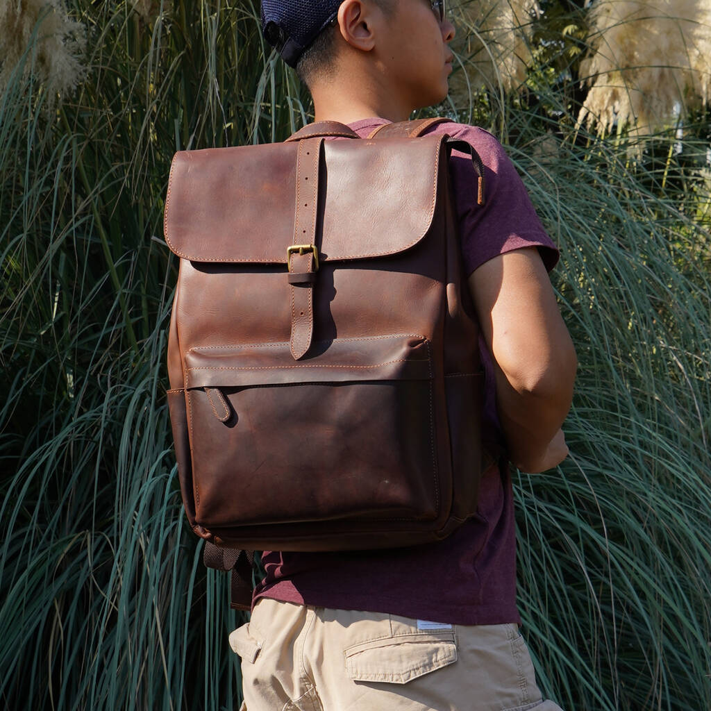 Vintage Look Leather Backpack With Front Pocket By EAZO