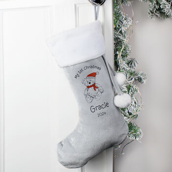 Personalised My 1st Christmas Teddy Silver Grey Stocking, 3 of 3