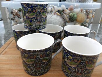 Set Of Six Palace Mugs In William Morris Black Strawberry Thief Design, 6 of 10