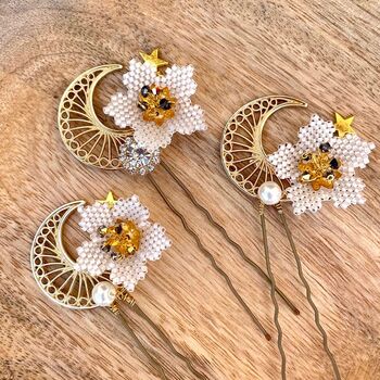 Set Of Three Floral And Celestial Bridal Hairpins, 8 of 10
