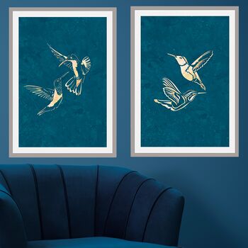 Gold Turquoise Hummingbird Silhouettes Wall Art Print, 3 of 5