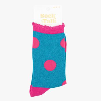 Women's Glitter Socks Turquoise Pink Large Polka Dot, 4 of 4