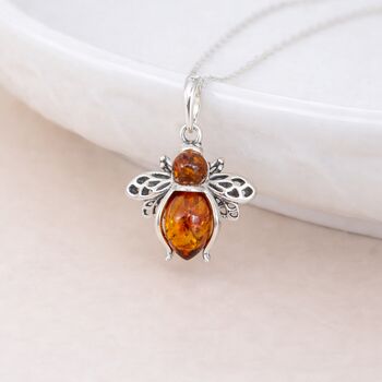 Personalised Sterling Silver Baltic Amber Bee Pendant Necklace, 6 of 12