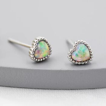 Sterling Silver Tiny Opal Heart Stud Earrings, 4 of 11