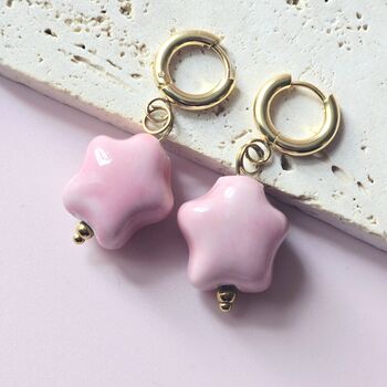 Marshmallow Ceramic Star Huggie Hoops 18ct Gold Plated, 2 of 5