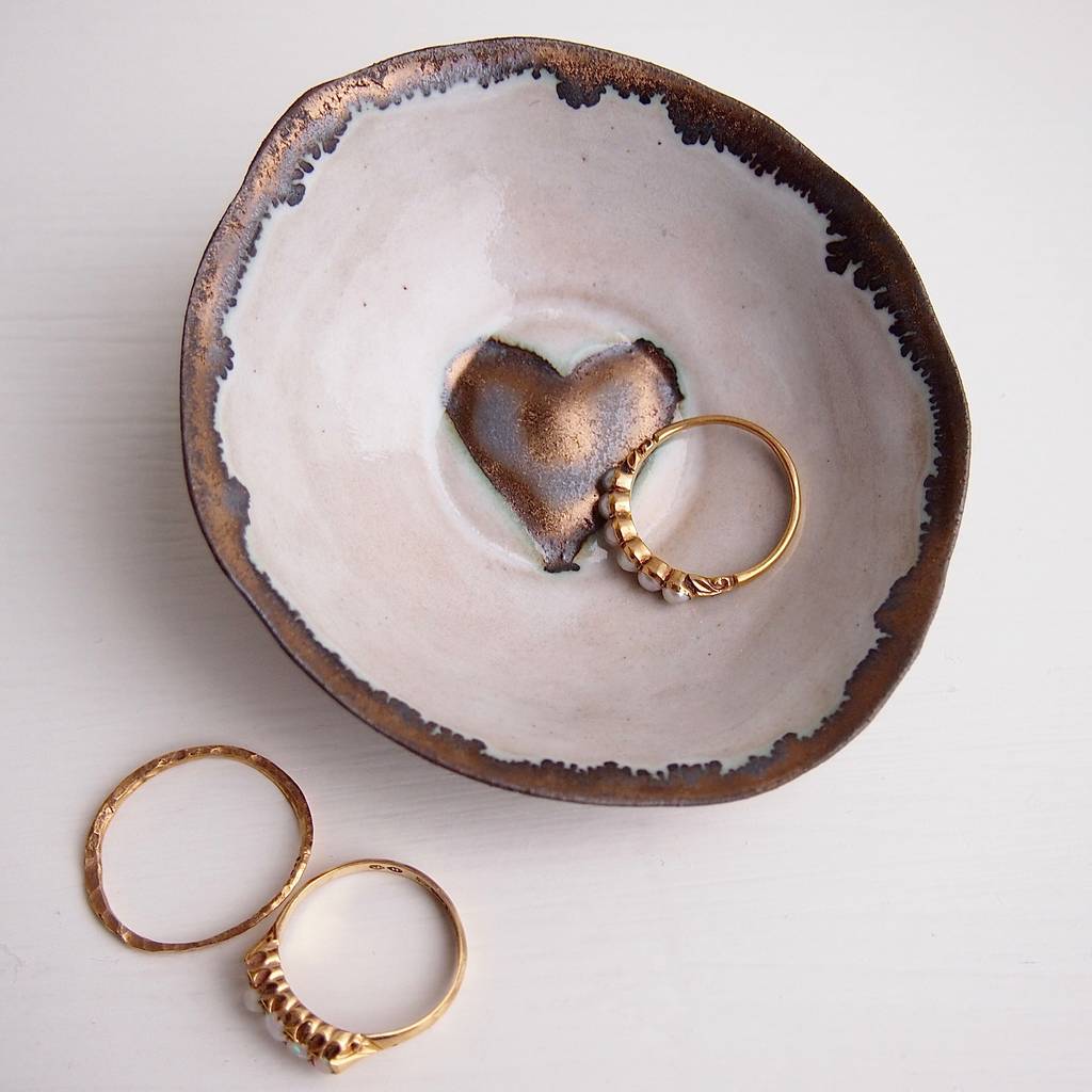 Handmade Valentines Gold Heart Ceramic Ring Dish, 1 of 11