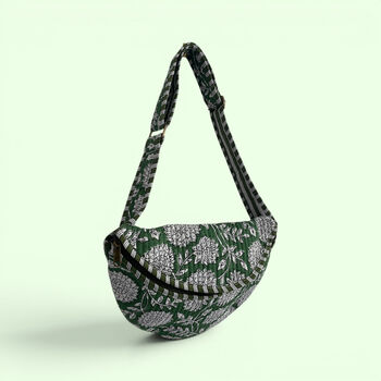 Cross Body Sling Bag | Green And White Block Print Floral Cotton, 3 of 4