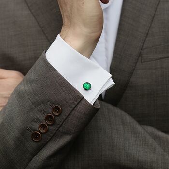 Emerald Green Round Fused Glass And Silver Cufflinks, 2 of 10