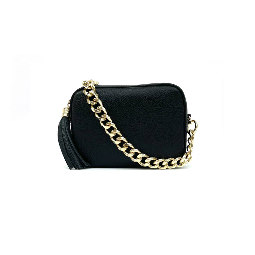 Black Leather Crossbody And Gold Chain Strap By Apatchy