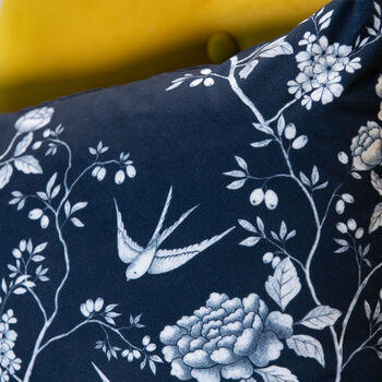 Luxury Soft Velvet Cushion Swallow Birds Flowers Blue, 3 of 6