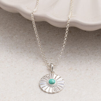 Sterling Silver Turquoise Sun Disc Necklace, 2 of 5