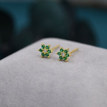 Emerald Green Cz Flower Stud Earrings Sterling Silver, 6 of 10