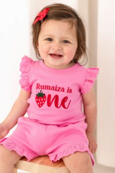 Personalised Embroidered Strawberry First Birthday Lace Trim T Shirt And Short Set, 3 of 5