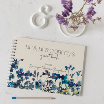 Watercolour Forget Me Nots Floral Wedding Guest Book, 7 of 7