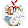 Personalised Baby's First Christmas Ceramic Bauble In Red, Pink Or Blue, thumbnail 2 of 6