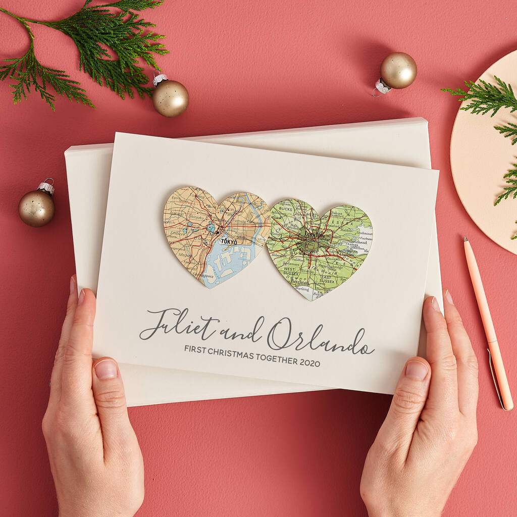 Personalised Map Hearts Christmas Card, 1 of 6