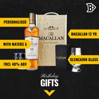 Personalised Macallan 12 Year Double Cask Scotch Whisky Gift Set With Glencairn Glass And Larkfire Whisky Water, 2 of 5