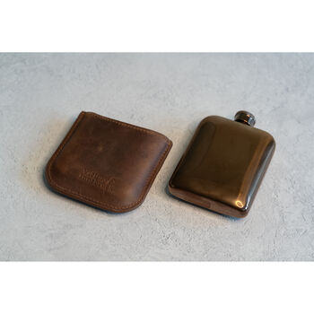Brown Leather Cased Hip Flask 6oz In Silver / Copper, 9 of 10