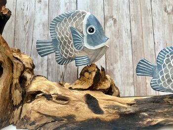 48cm Hand Carved Coral And Blue Fish Figurine On Teak Root Ornament, 4 of 9