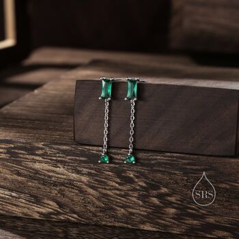 Baguette Cz Dangle Chain Stud Drop Earrings, 5 of 12