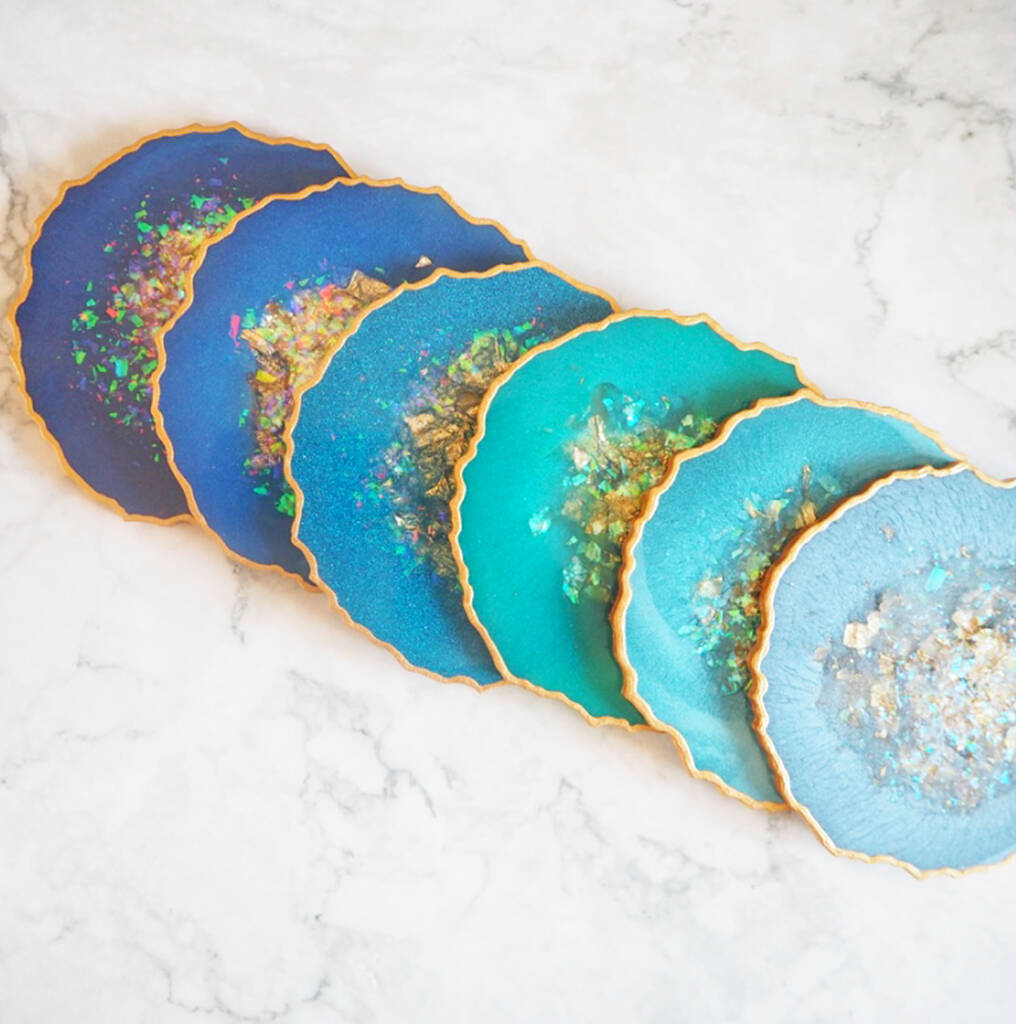 Blue Iridescent Geode Resin Coasters, 1 of 9