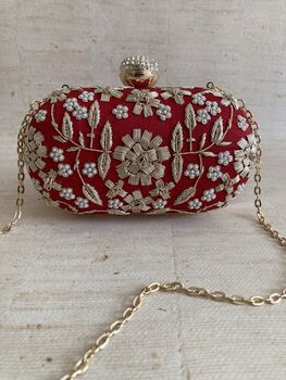 Red Raw Silk Oval Pearl Clutch Bag, 3 of 10