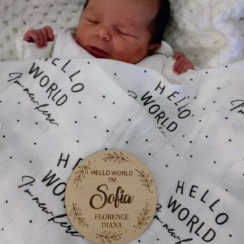 Muslin Swaddle Blanket Hello World Newborn Baby Shower Gift, 3 of 3