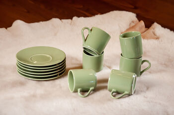 Set Of Six Porcelain Espresso Cup And Saucer Green, 2 of 9